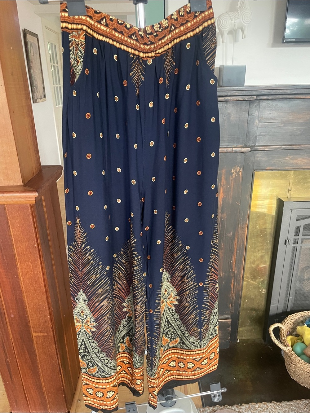 Navy Wide-Leg Palazzo Pants with Orange Paisley Trim